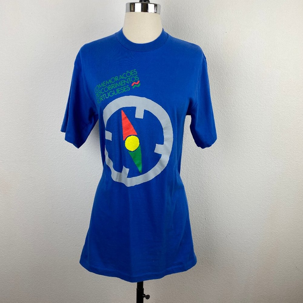Vtg Souvenir Blue T-Shirt "Celebrations Portuguese Discoveries" Text Compass SM